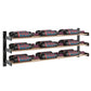 Metal wine bottle rack with three rows of capped bottles; black frame, bronze rails