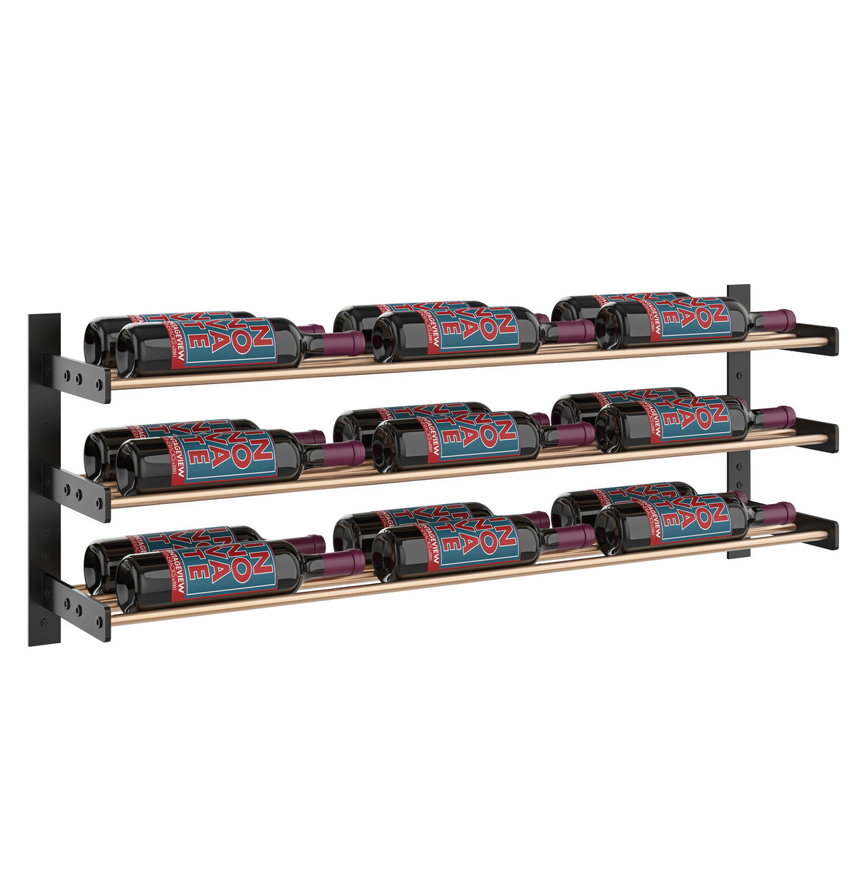 Metal wine bottle rack with three rows of capped bottles; black frame, bronze rails