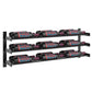 Metal wine bottle rack with three rows of capped bottles; black frame, bronze-colored rails