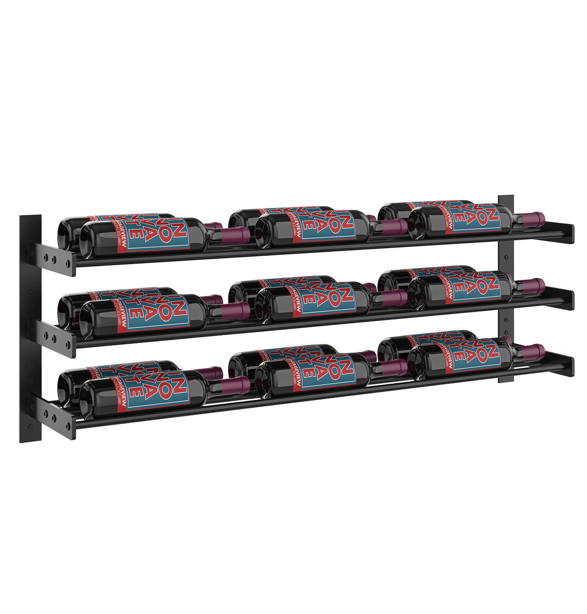 Metal wine bottle rack with three rows of capped bottles; black frame, bronze-colored rails