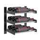 Black three-bottle wine wall rack with slotted mounting back and side view