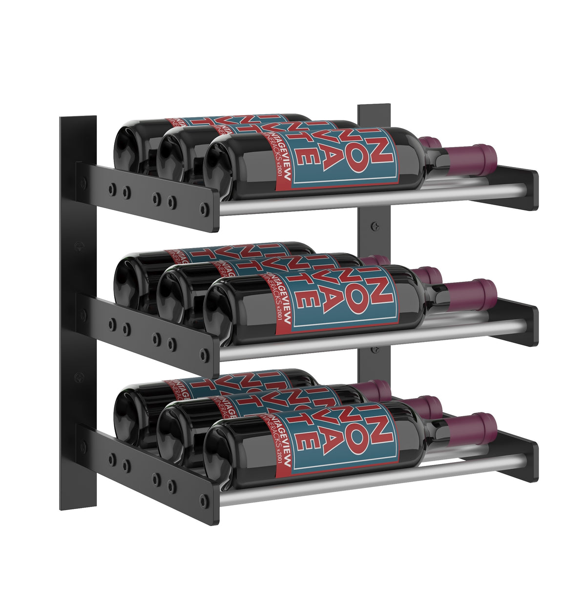 Black three-bottle wine wall rack with slotted mounting back and side view