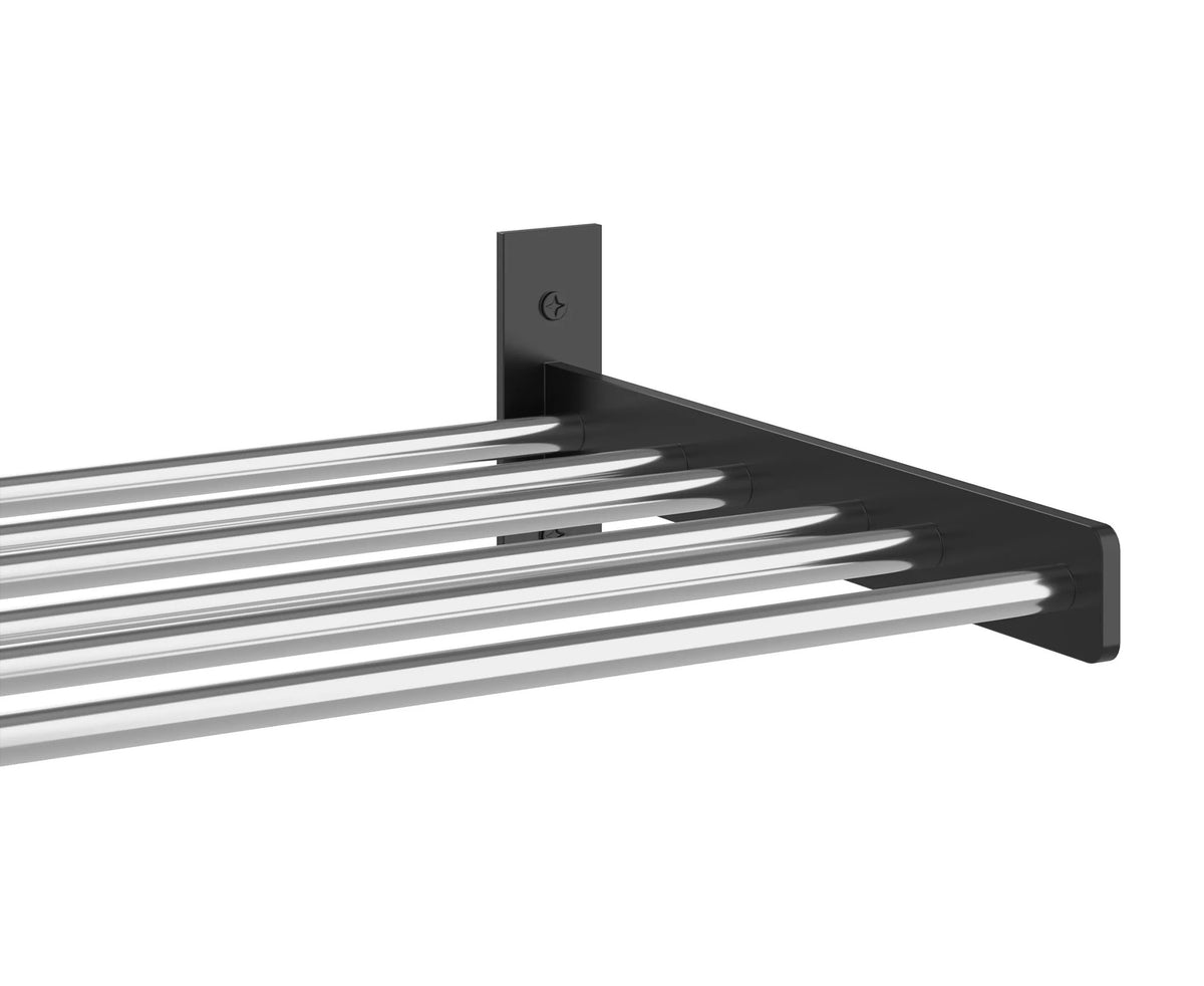 1-column wine wall rack with silver-toned bars and matte black corner bracket