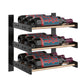 Wine wall rack in black with three bottle slots and bottle necks on shelves