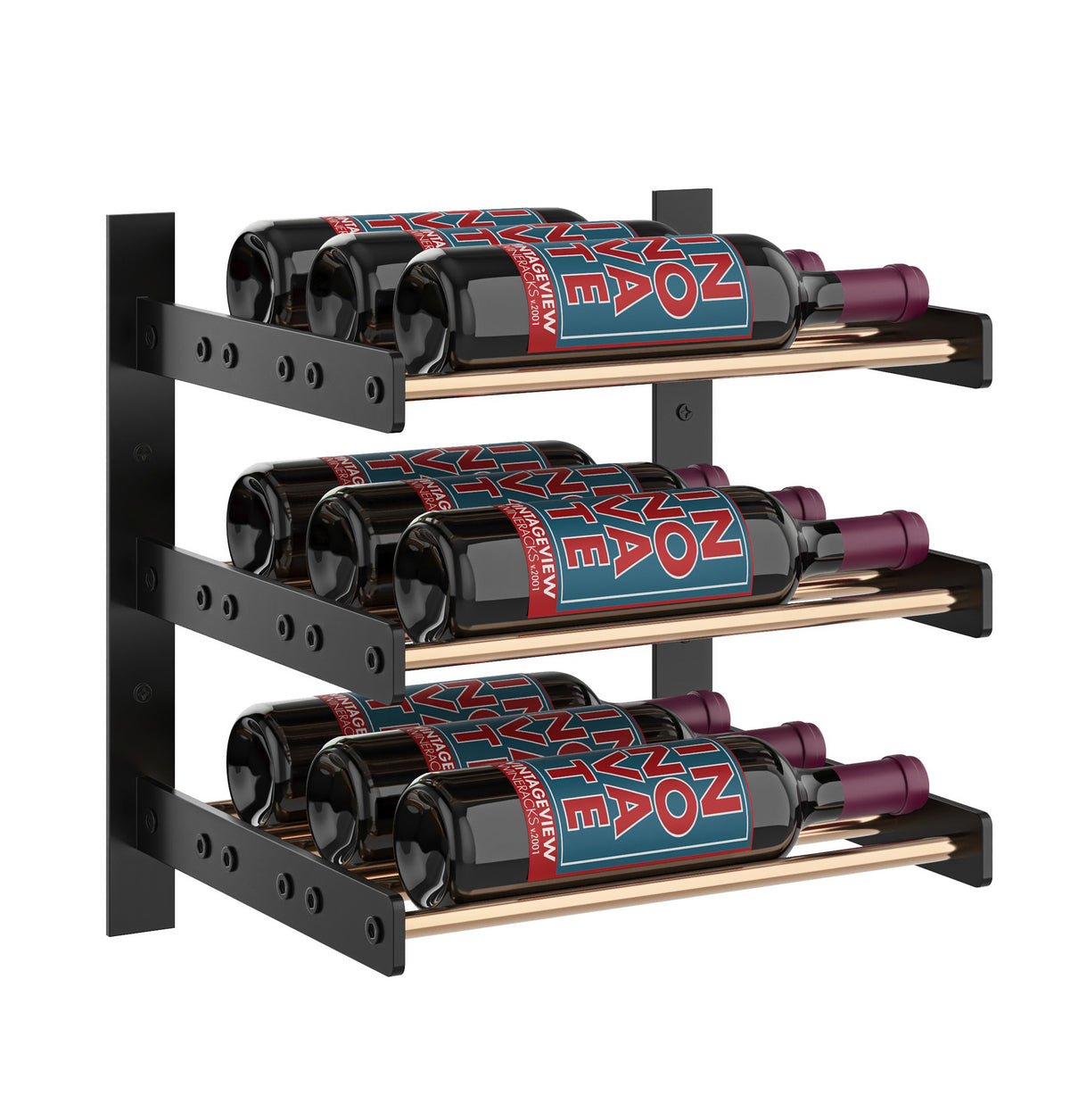 Wine wall rack in black with three bottle slots and bottle necks on shelves