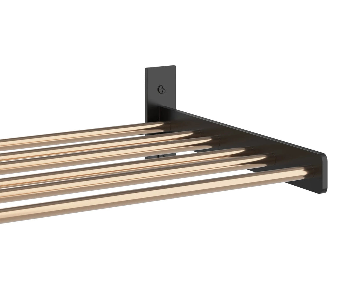 1-column wine wall rack with bronze-toned bars and black corner mounting bracket