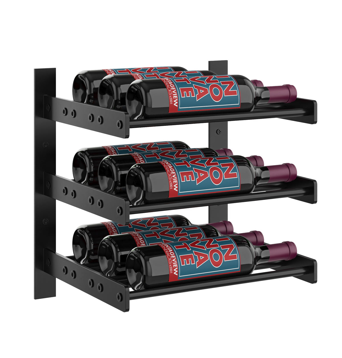 Three-bottle wine wall rack with black metal frame and horizontal bottle rests
