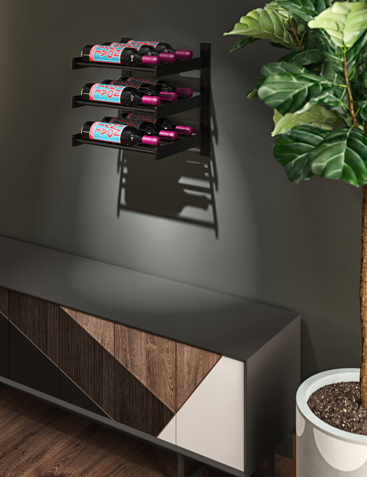 Wall-mounted wine bottle rack with black metal frame holding three bottles