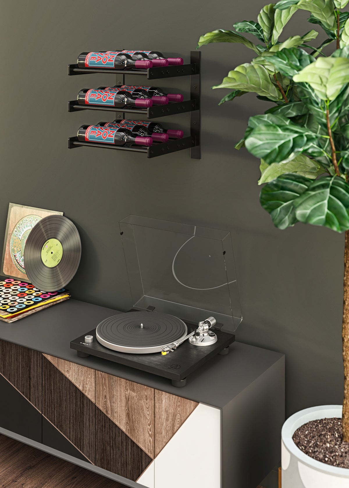 Black wall wine rack with three horizontal shelves holding bottles with colorful labels