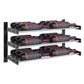 Wall-mounted wine bottle rack with black metal rails and three rows of bottles