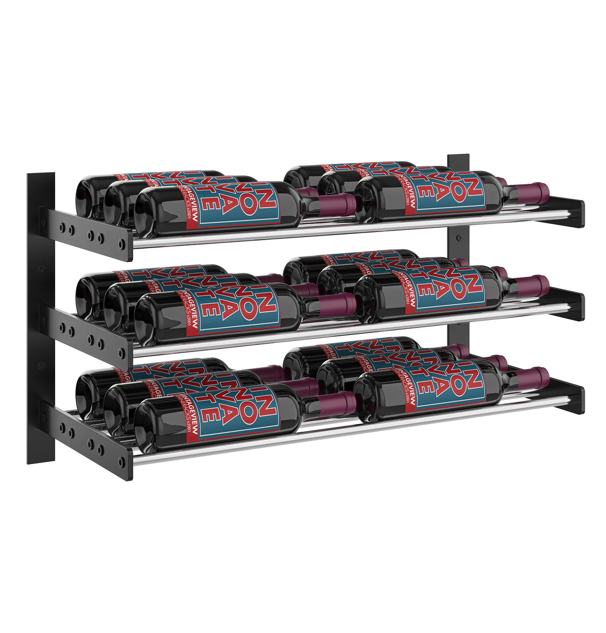 Wall-mounted wine bottle rack with black metal rails and three rows of bottles
