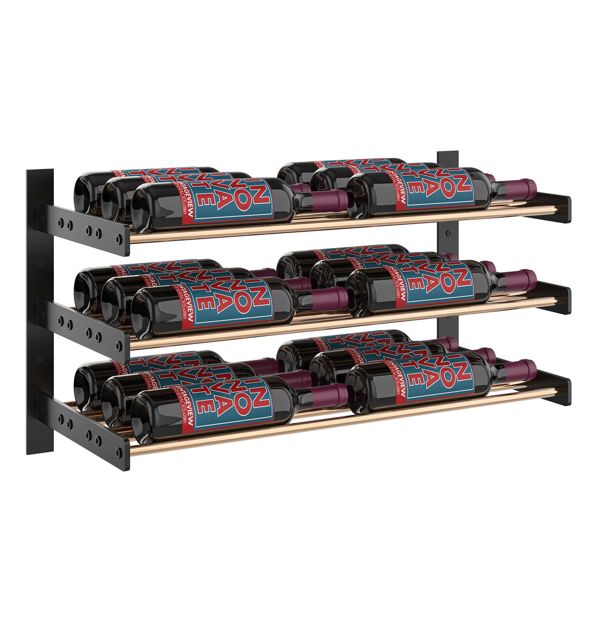 Wall wine bottle display rack with black frame, two columns, and three bottle rows