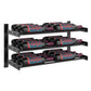 Three-row wall wine bottle rack with black rails and multiple bottles in a grid