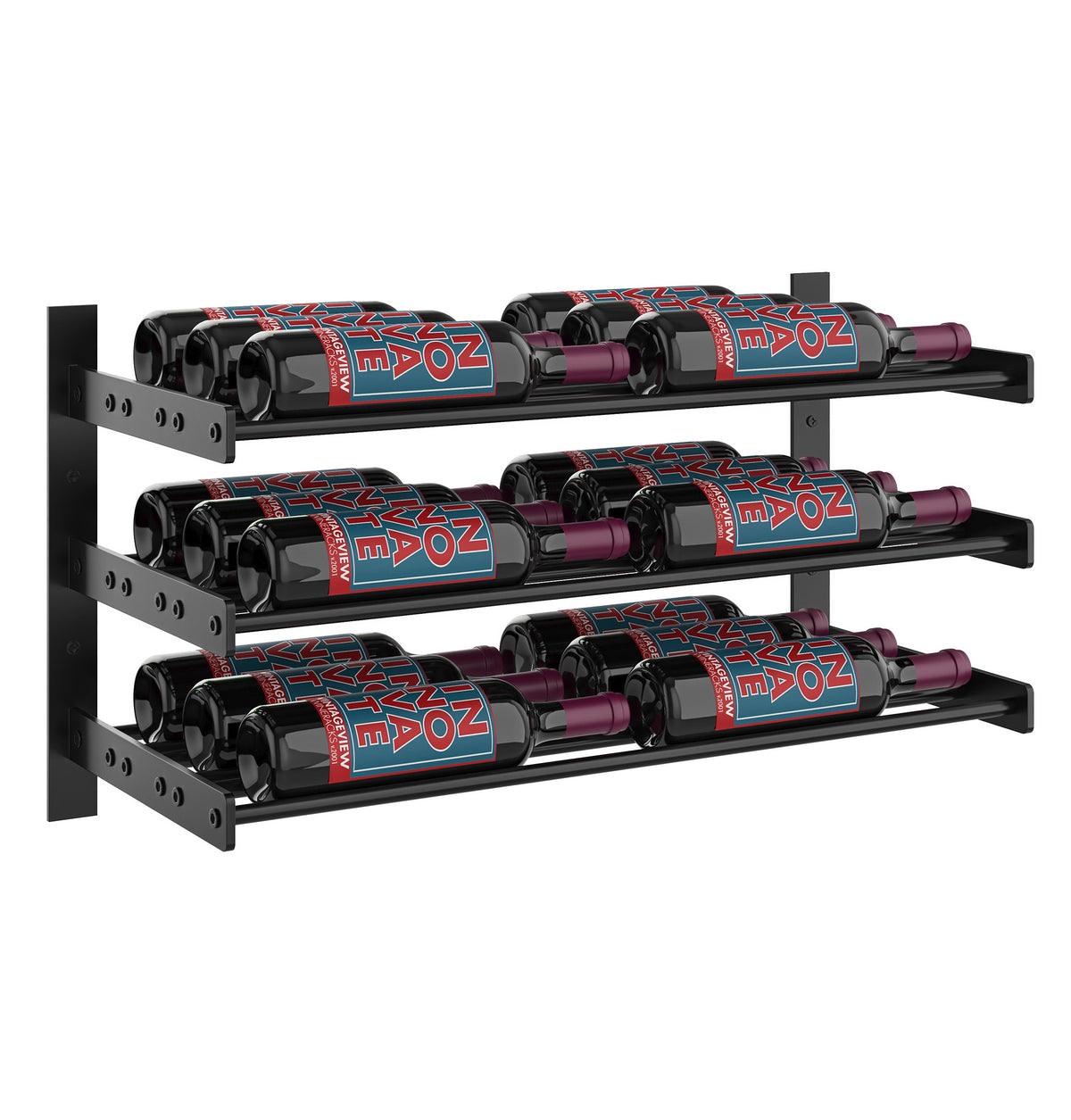 Three-row wall wine bottle rack with black rails and multiple bottles in a grid