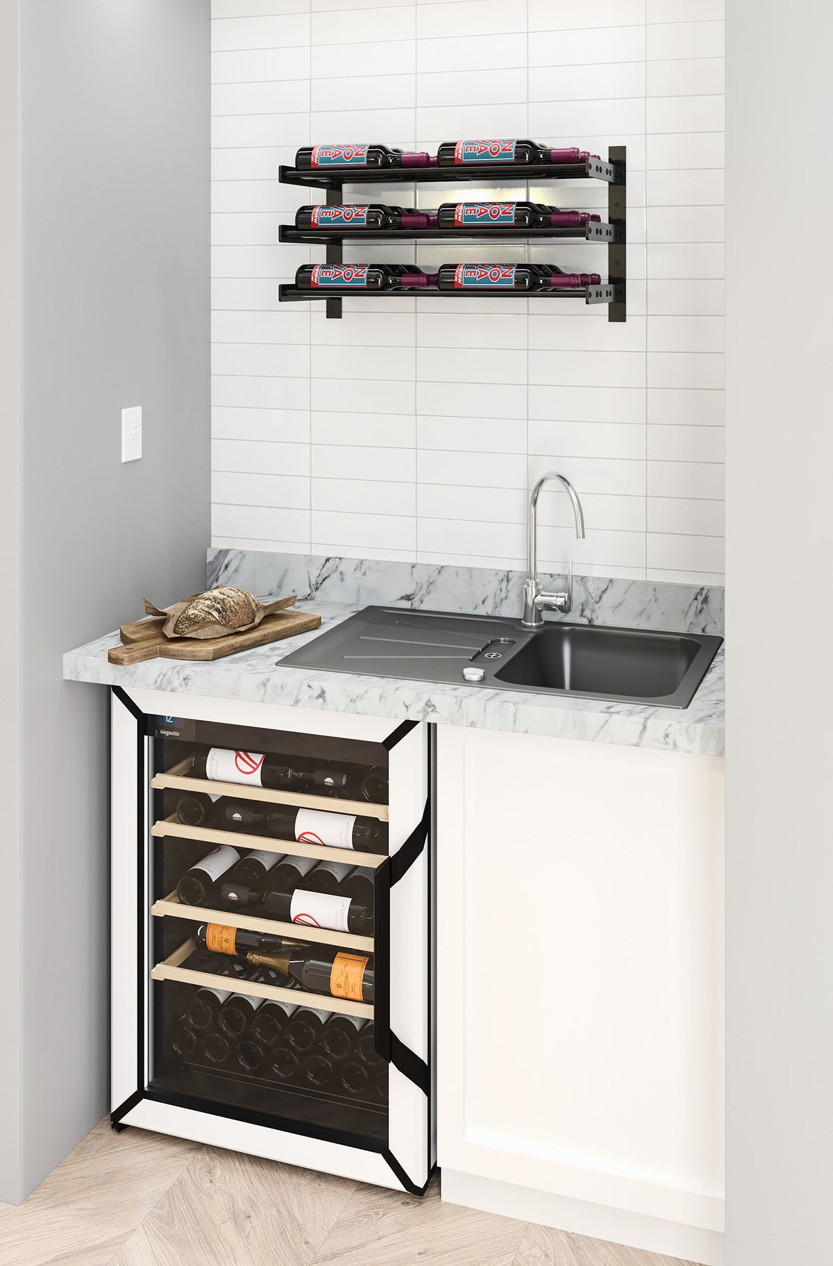 Wall wine bottle rack mounted under a countertop with bottles in three rows