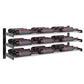 Metal wine bottle rack with three rows of capped bottles; black frame and silver shelves