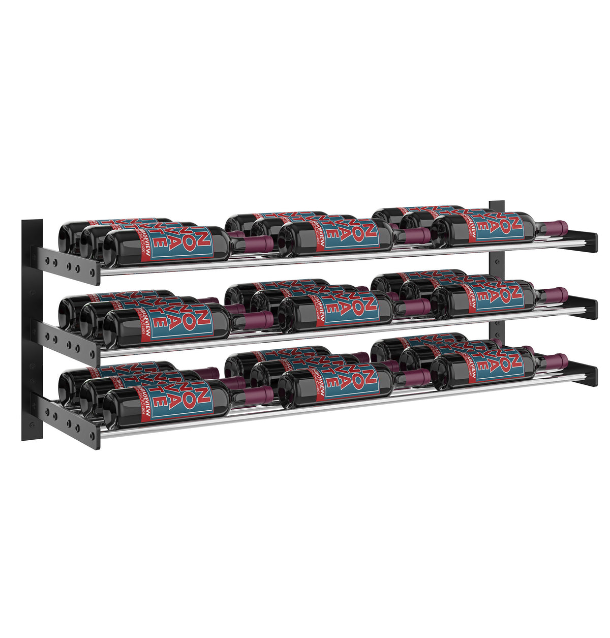 Metal wine bottle rack with three rows of capped bottles; black frame and silver shelves