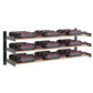Metal wine bottle rack with three rows of capped bottles; black frame, silver rails