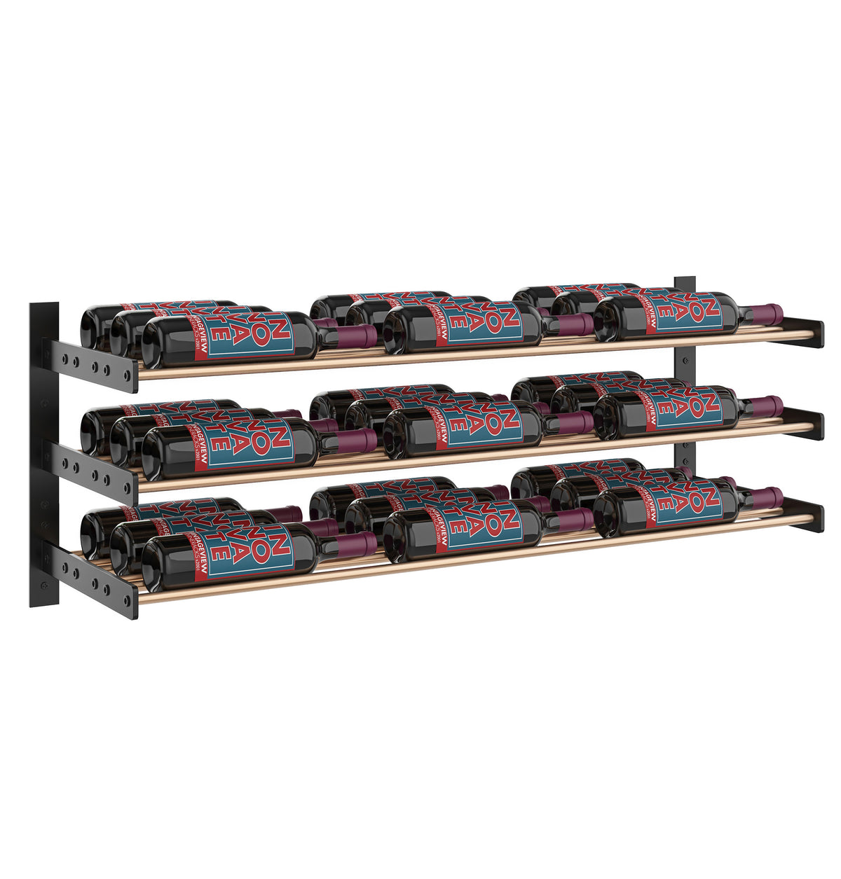 Metal wine bottle rack with three rows of capped bottles; black frame, silver rails