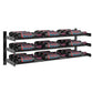 Metal wine bottle rack with three rows of capped bottles; black frame, silver rails