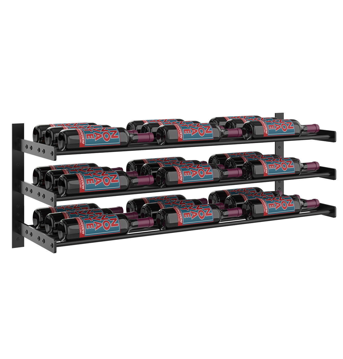 Metal wine bottle rack with three rows of capped bottles; black frame, silver rails
