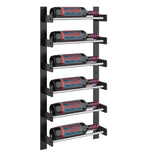 Slim wine bottle wall rack with dark metal frame holding bottles on rails