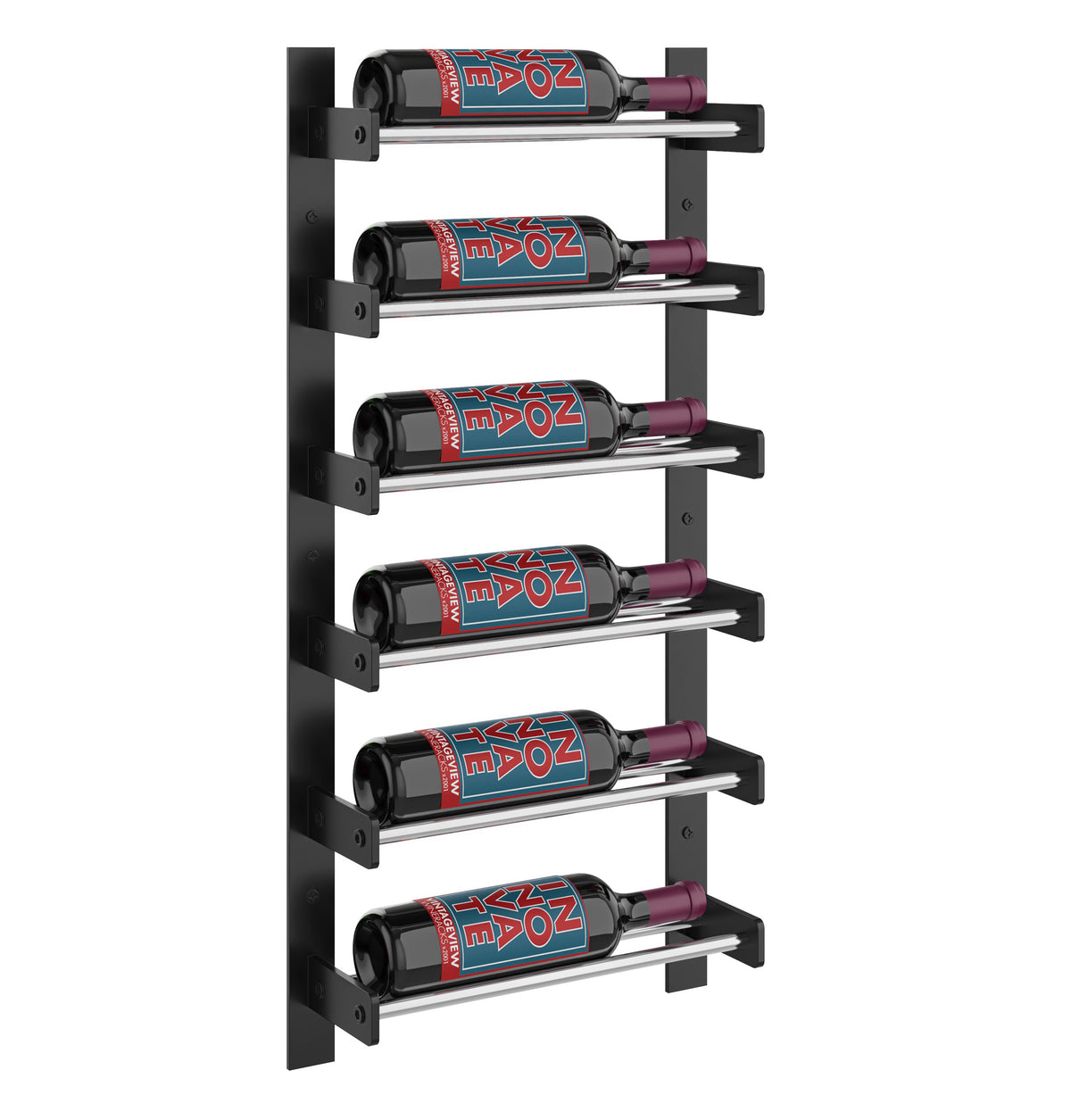 Slim wine bottle wall rack with dark metal frame holding bottles on rails