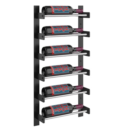 Slim wine bottle wall rack with dark metal frame holding bottles on rails