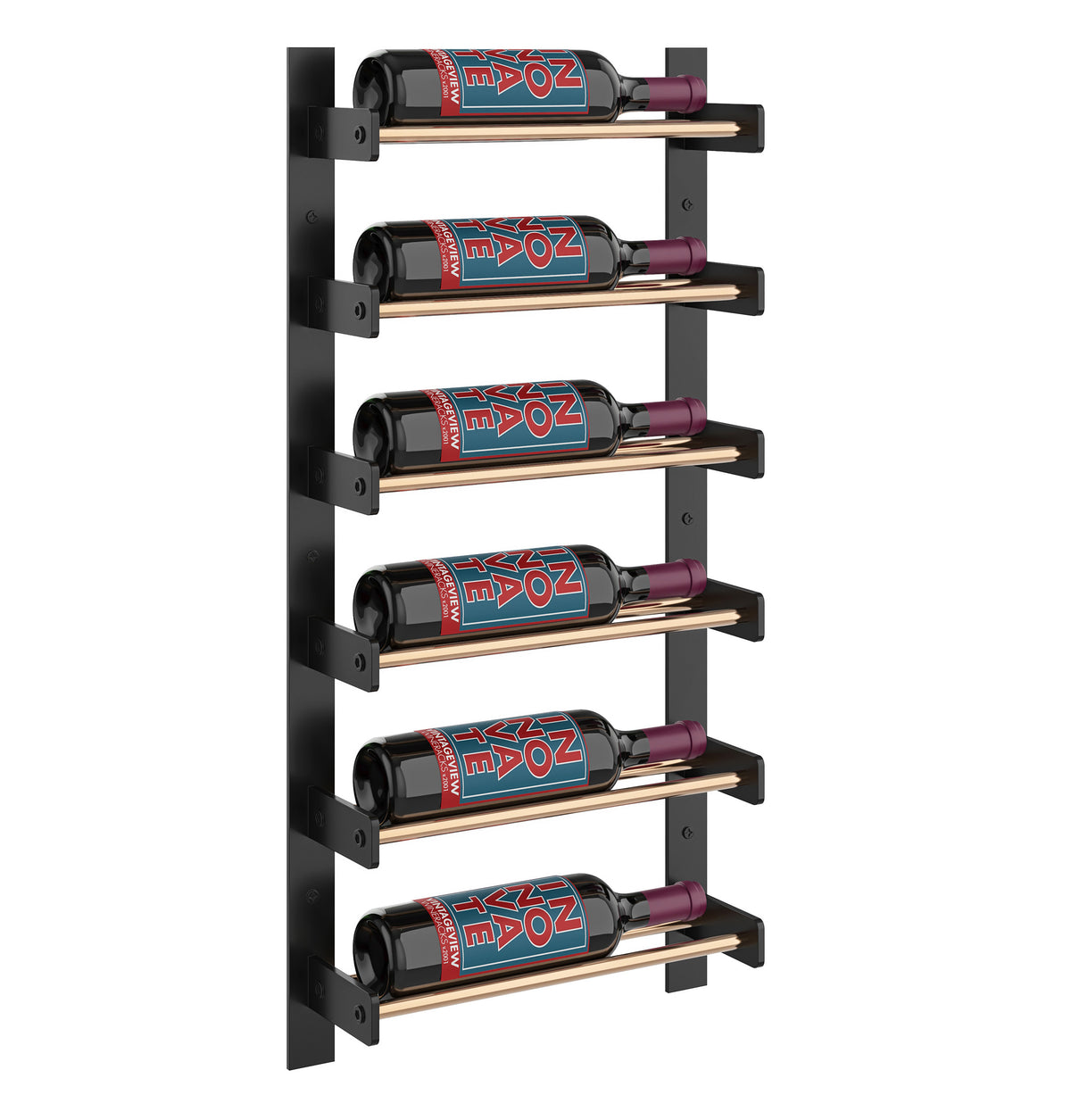 Single-column wine bottle wall rack with bronze-tone rail accents and bottle slots