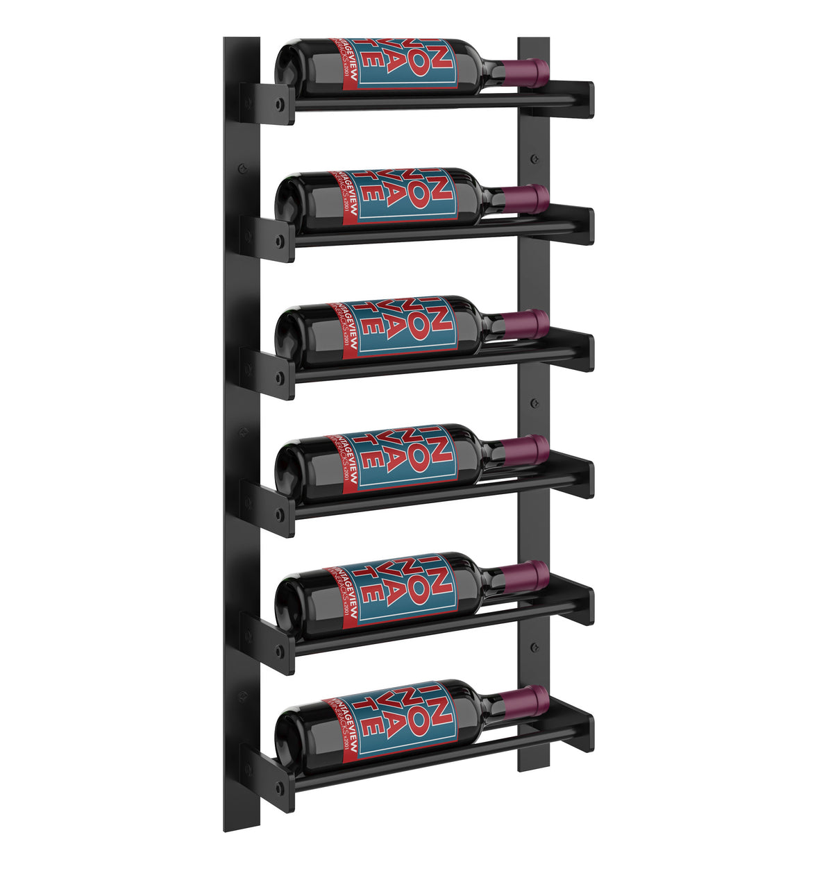 Single-column wine bottle wall rack with dark frame and horizontal bottle slots