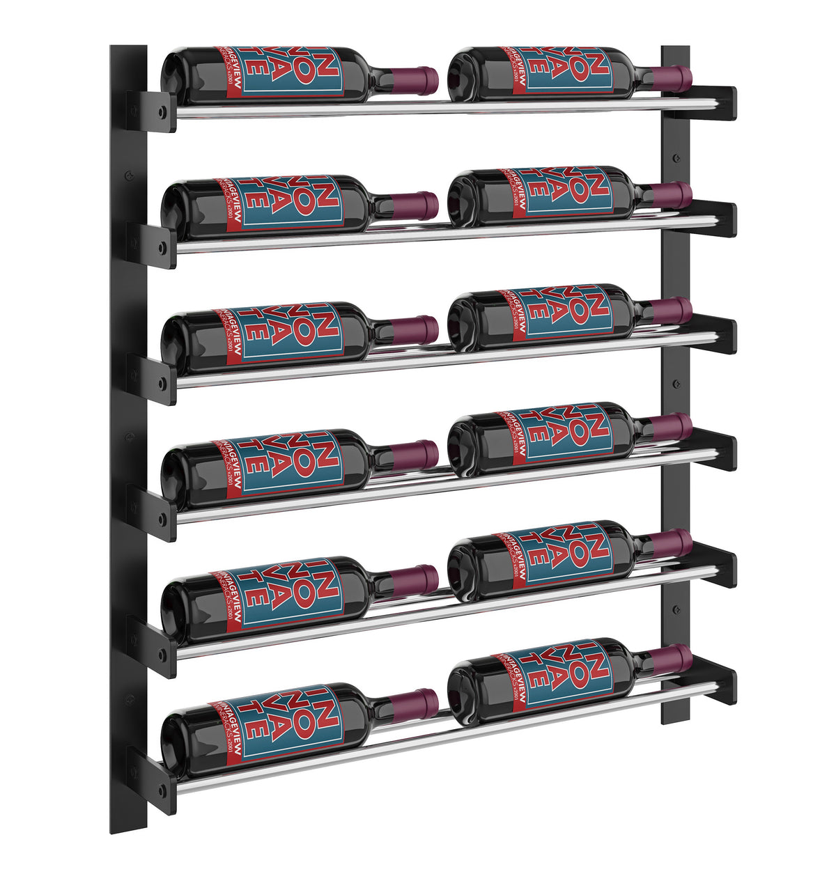 Evolution wine wall two-column rack with matte black frame and chrome shelves holding bottles