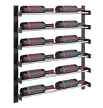 Evolution wine wall two-column rack with matte black frame and chrome shelves holding bottles