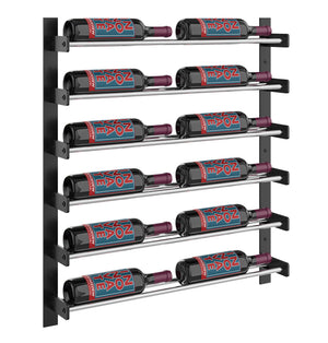 Evolution wine wall two-column rack with matte black frame and chrome shelves holding bottles