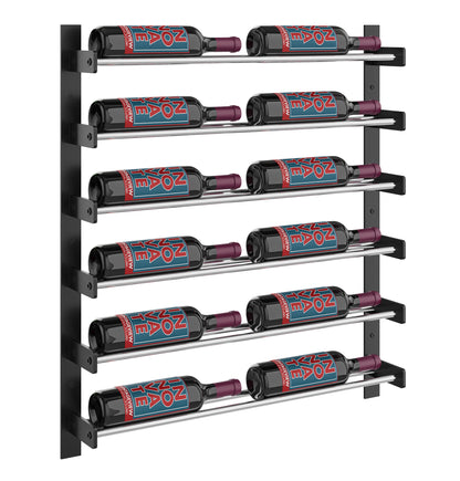 Evolution wine wall two-column rack with matte black frame and chrome shelves holding bottles