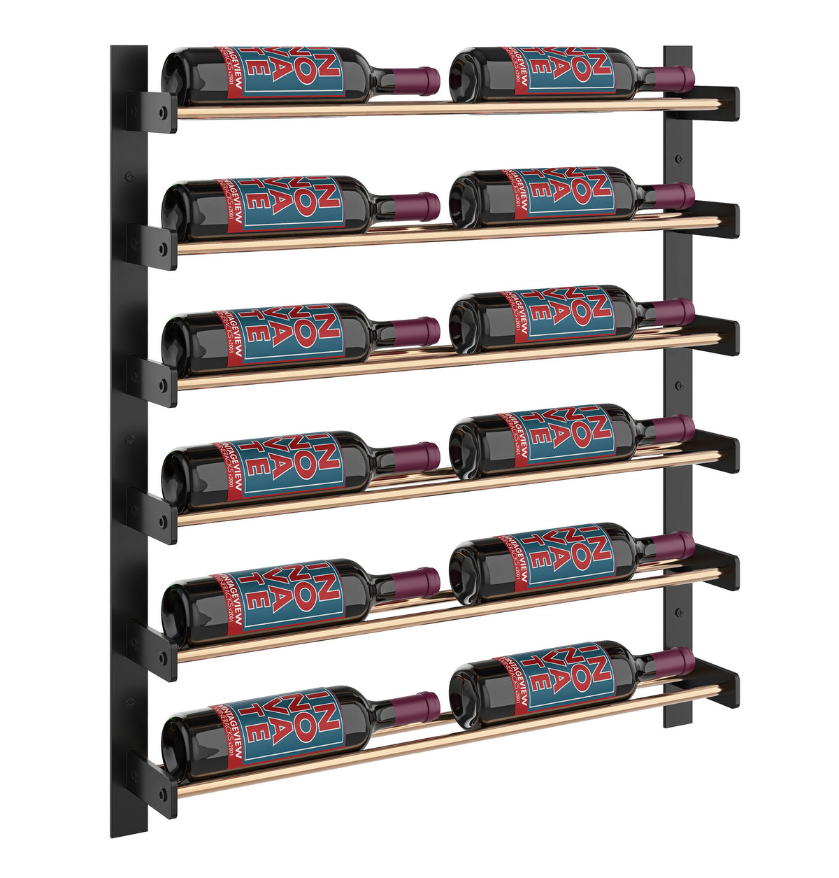 Evolution wine wall two-column rack with matte black frame and golden bronze shelves