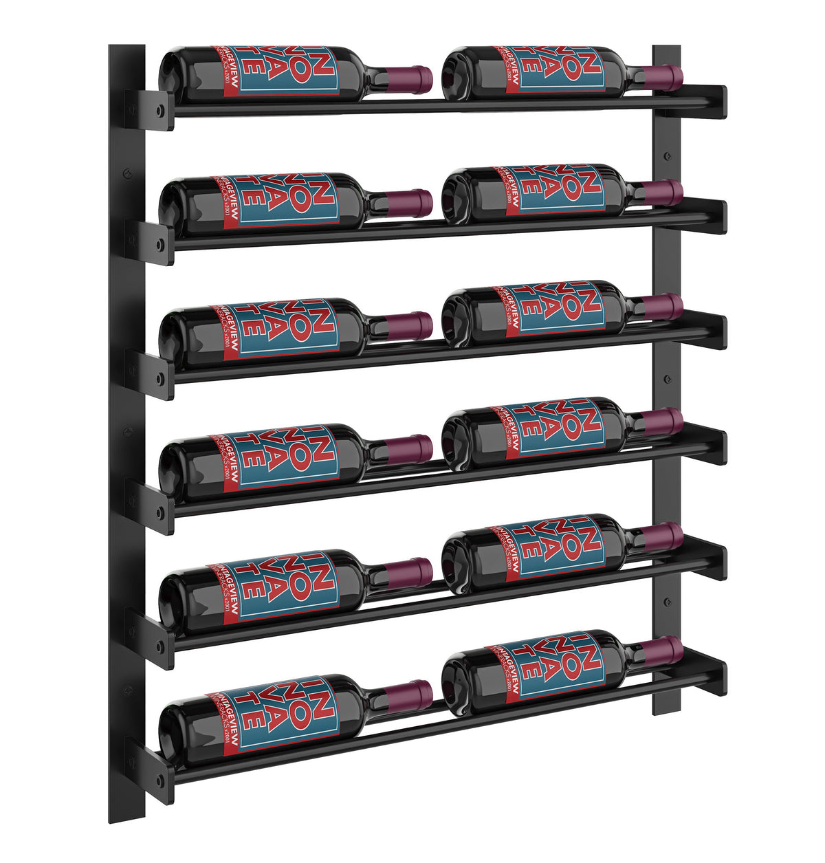 Evolution wine wall two-column rack in matte black with wine bottles on horizontal bars