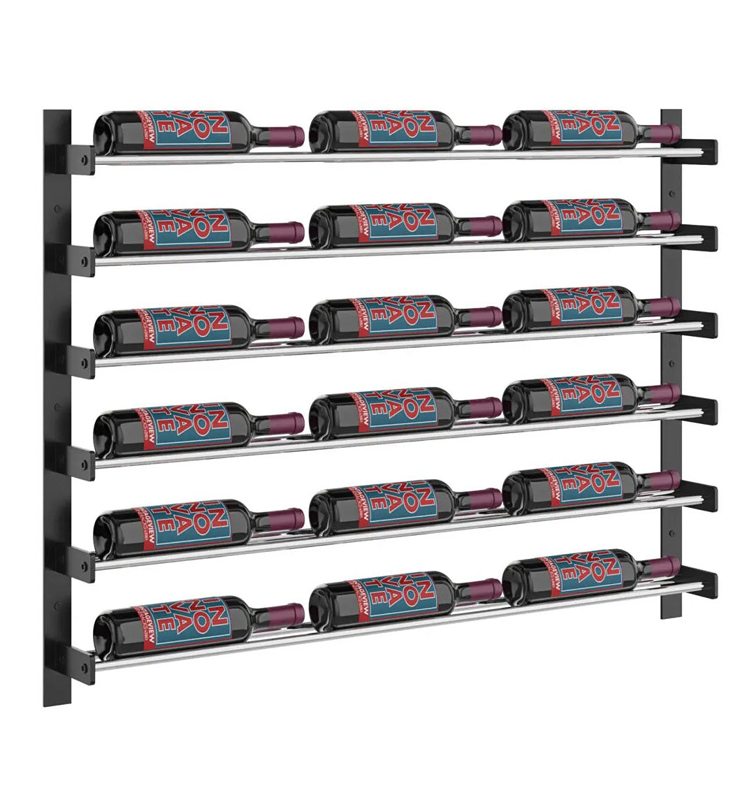 Wine bottle wall rack with multiple horizontal shelves and bottle holders