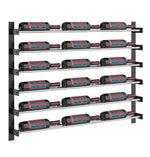 Wine bottle wall rack with multiple horizontal shelves and bottle holders