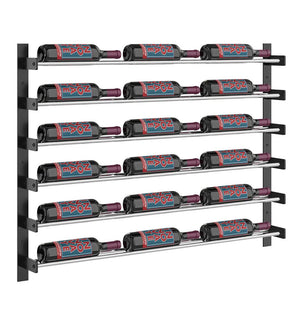Wine bottle wall rack with multiple horizontal shelves and bottle holders
