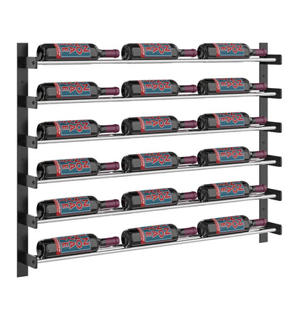 Wine bottle wall rack with multiple horizontal shelves and bottle holders