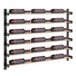 Wine bottle wall rack with warm bronze shelf rails holding bottles in a grid