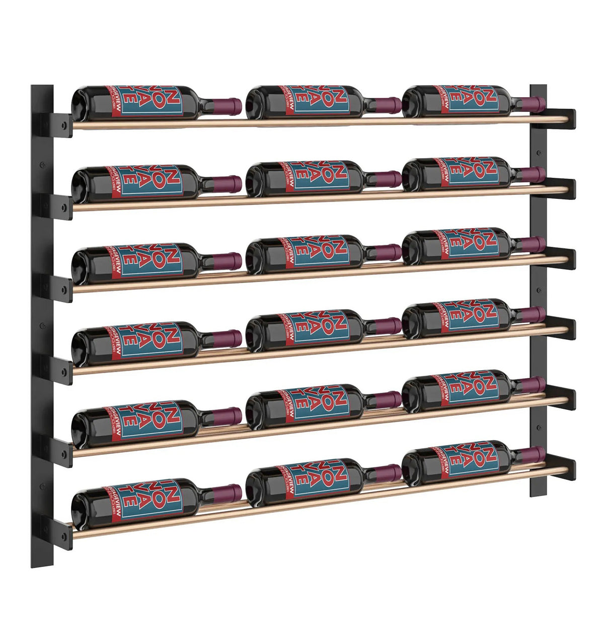 Wine bottle wall rack with warm bronze shelf rails holding bottles in a grid