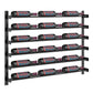 Wine bottle wall rack with black shelf rails and bottles arranged in rows