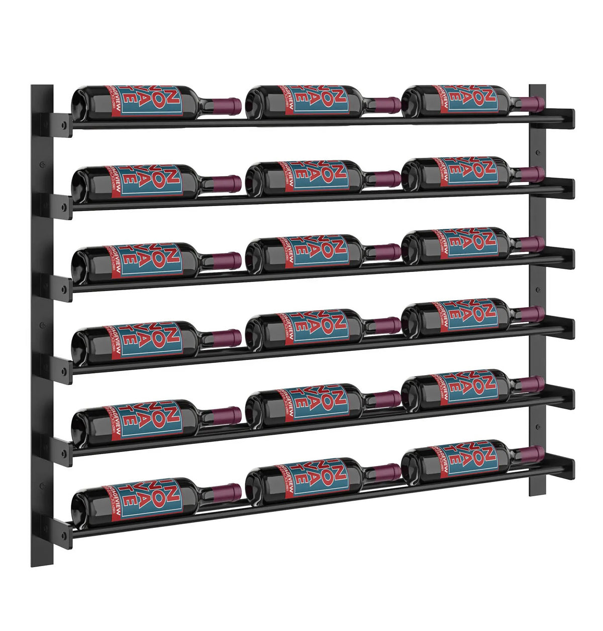 Wine bottle wall rack with black shelf rails and bottles arranged in rows