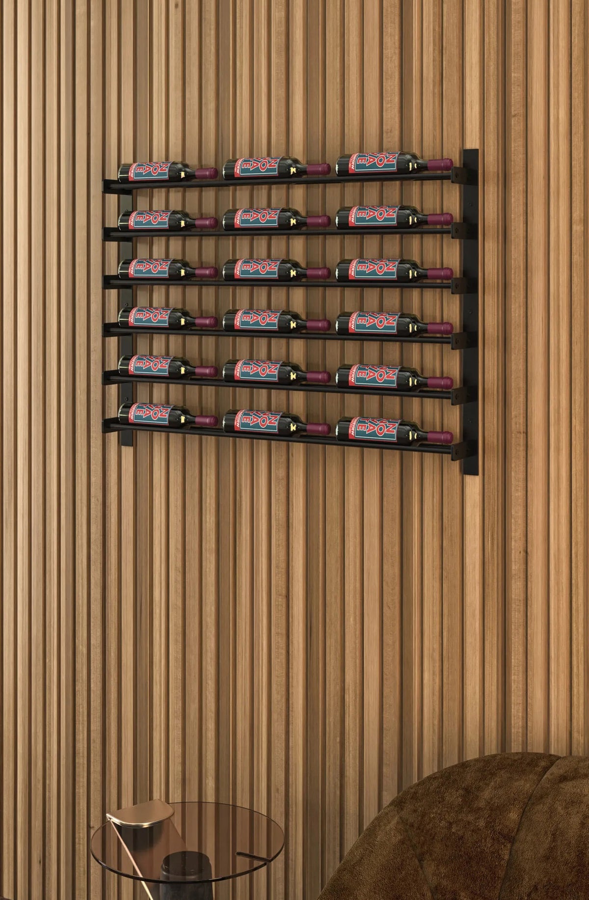 Wall-mounted wine bottle rack with dark shelves holding multiple bottles horizontally