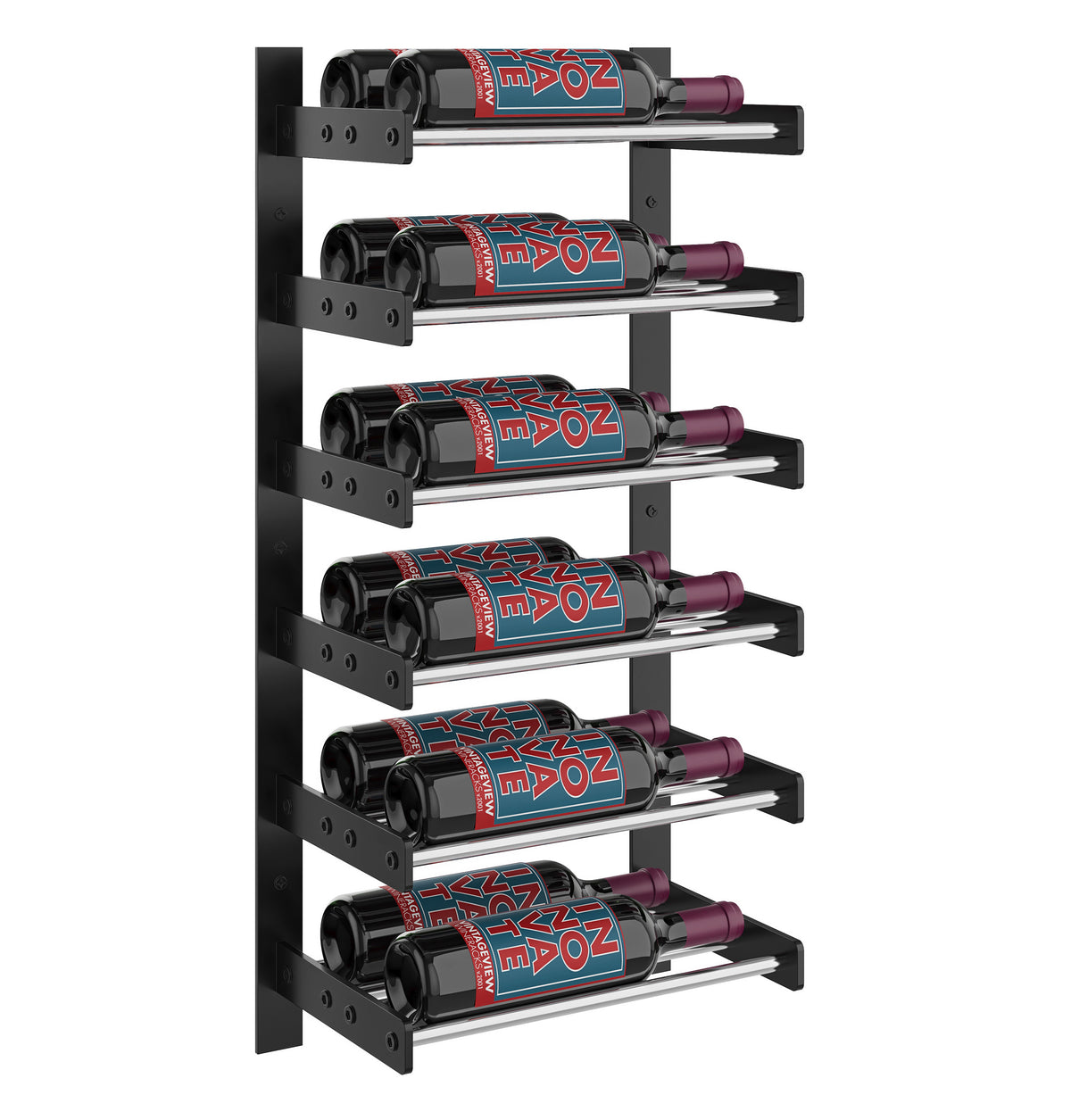 Matte black wine bottle wall rack with six horizontal bottle holder bars