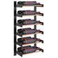 Black metal wine rack with bronze-tone rail accents and horizontal bottle holders