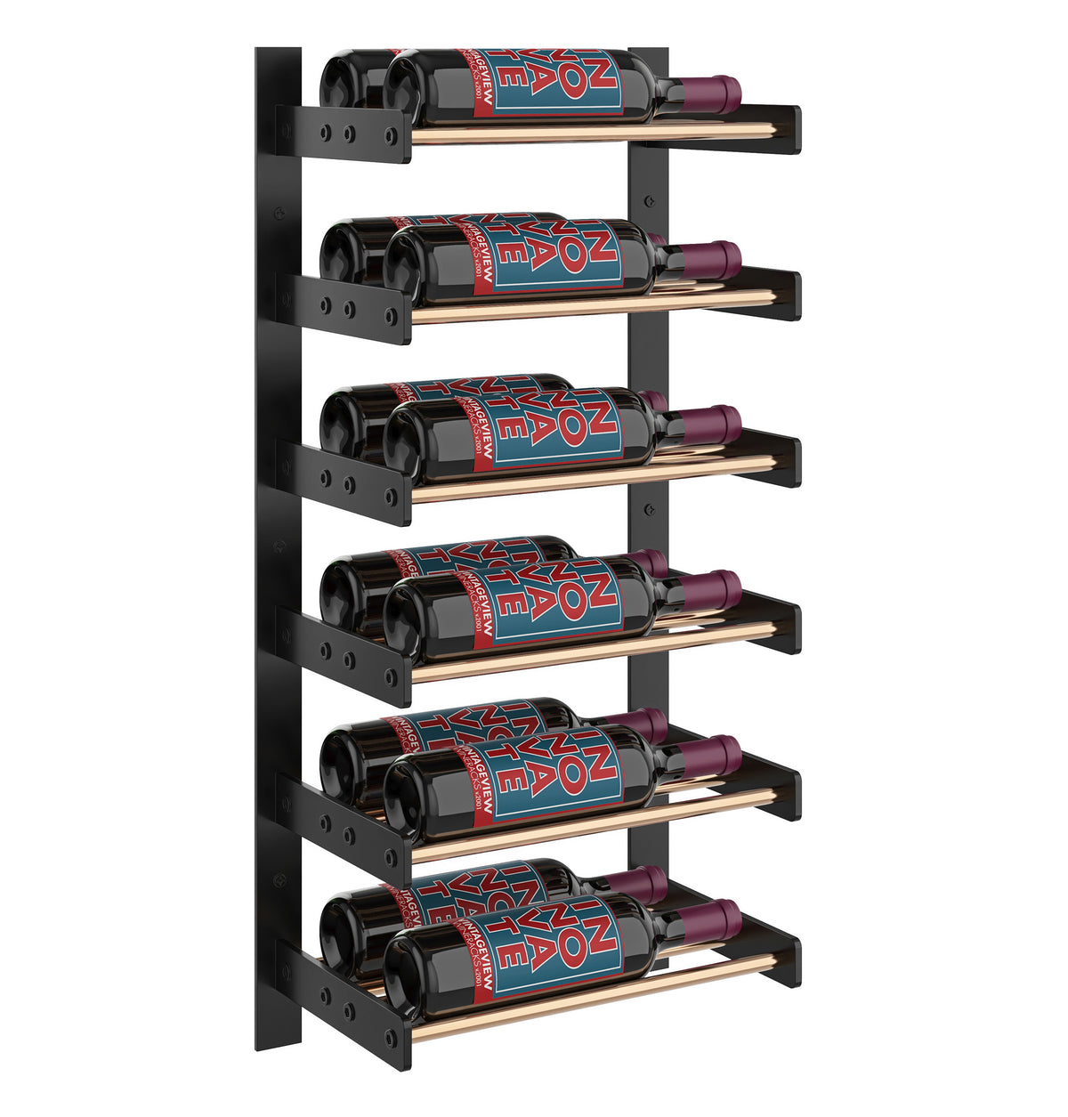 Black metal wine rack with bronze-tone rail accents and horizontal bottle holders