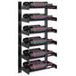 Black metal wall-mounted wine bottle rack with multiple horizontal bottle holders