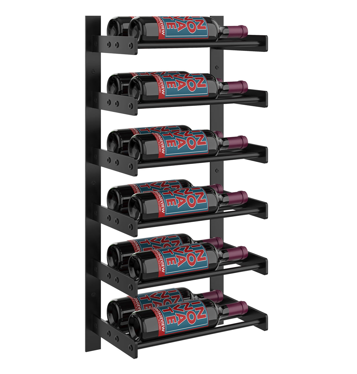 Black metal wall-mounted wine bottle rack with multiple horizontal bottle holders